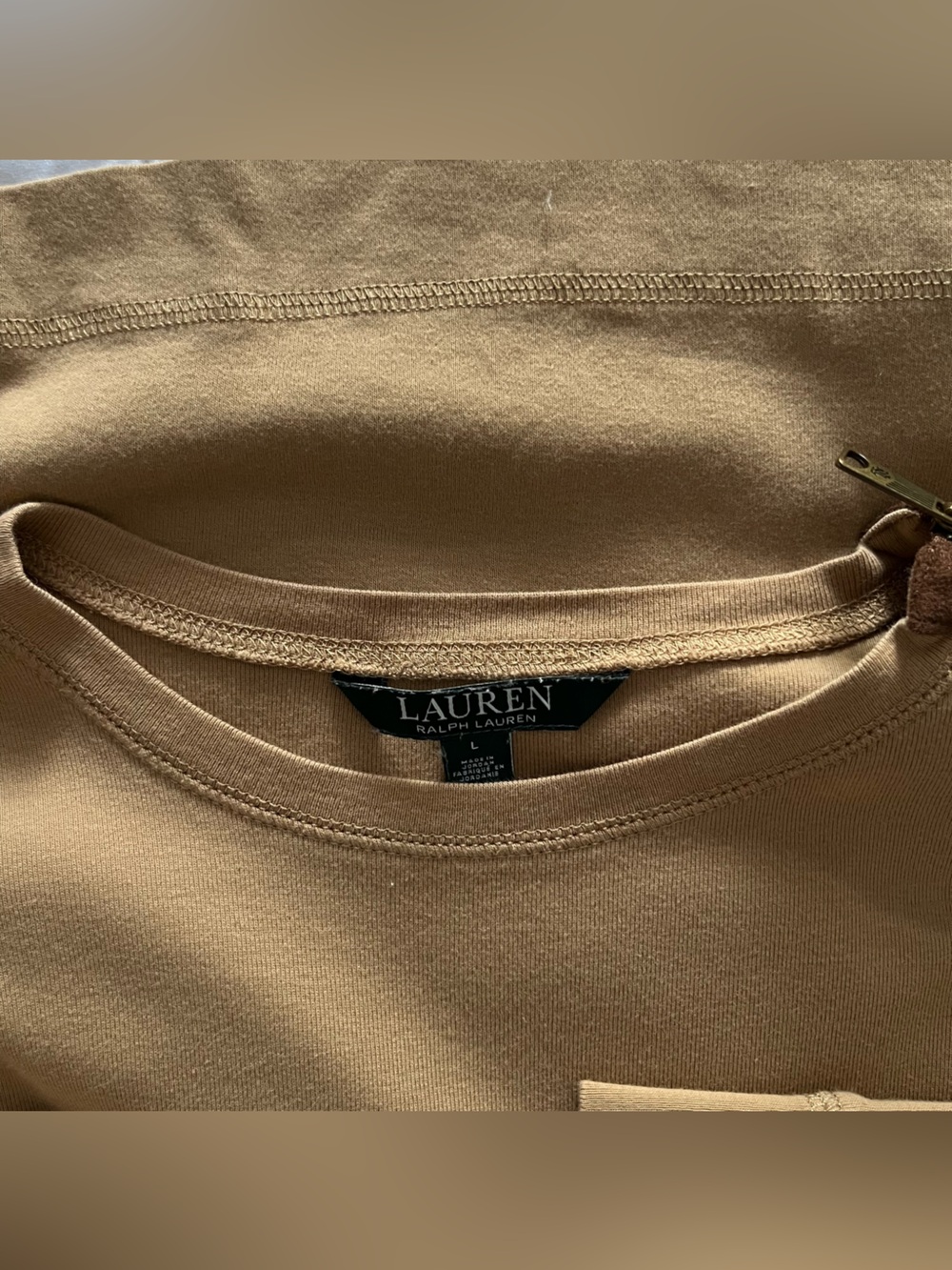 Lauren Ralph Lauren Tan Brown 100% Cotton Top Elbow Patch Equestrian Neutral L - Picture 7 of 8